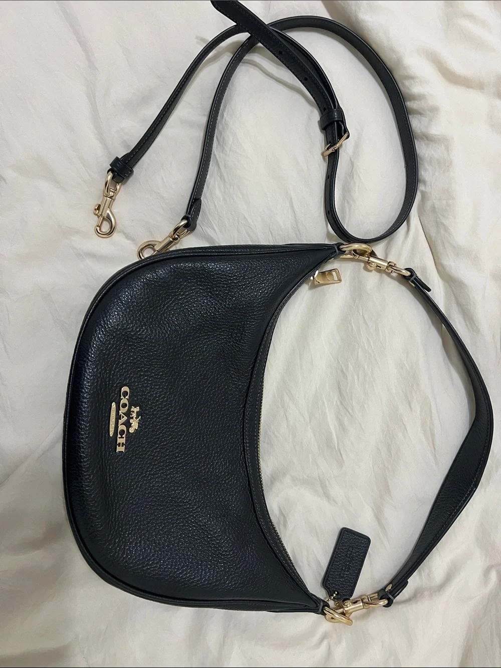 Coach Black Pebbled Leather Crescent Bag with Gold Hardware